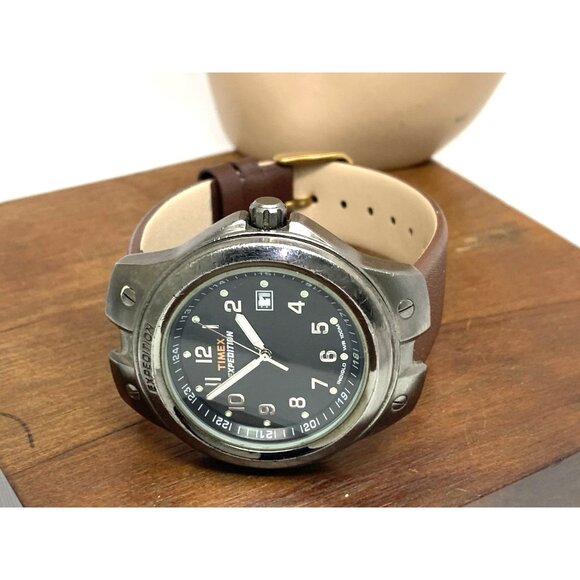 Timex Men's Watch Expedition Quartz Indiglo Gunmetal Brown Leather Strap 40mm - Picture 7 of 13